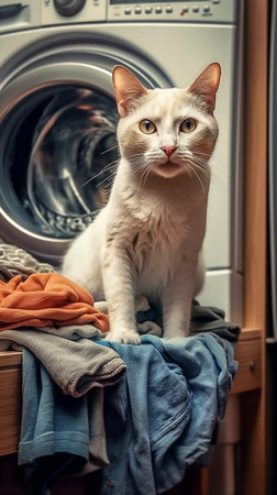 Cat sitting on sitting in basket with dirty laundry. Bathroom interior in apartment, cozy house. Washing machine with dirty laundryの素材