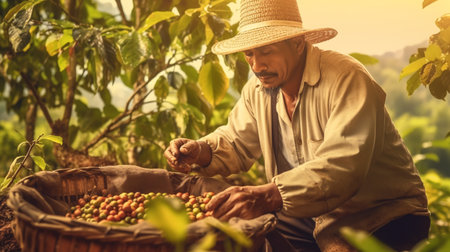 Colombian man wearing hat harvesting ripe coffee on plantation. Portrait of Farmer picking red bean.の素材