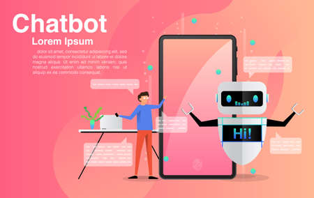Man chatting with chatbot application. Dialog help service. AI and business IOT concept. Vector illustrationのイラスト素材