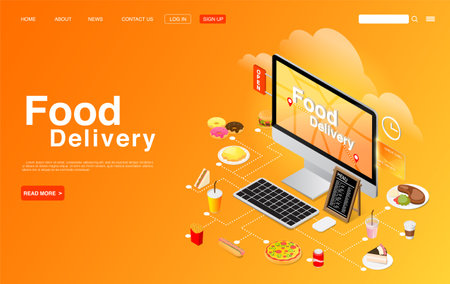 Ordering Food Online on Computer Desktop. Online Food Delivery Concept. Landing Page Template. Vector EPS 10のイラスト素材
