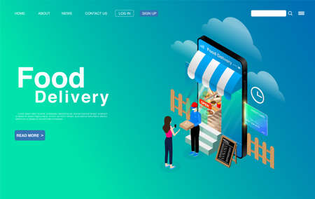 Woman With Mobile Phone Ordering Food Online. Food Delivery Service Concept Banner. Landing Page Template. Vector EPS 10のイラスト素材