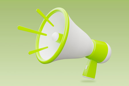 Realistic 3D rendering of a green and white megaphone. Business announcement or communication concept. 3D Renderの写真素材
