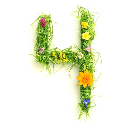 Numbers made of flowers and grass isolated on whiteの写真素材