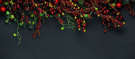 Christmas tree banches and red berries backgroundの写真素材