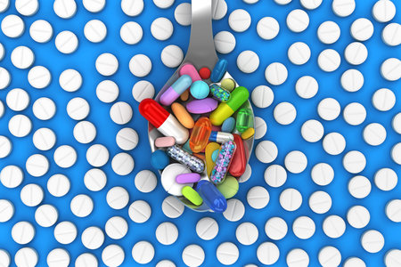 Dose of colorful pills in spoon - 3d render
