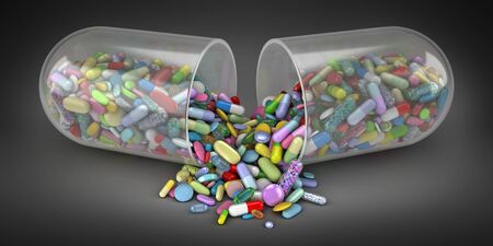 Large pill emptying a pile of colorful pills - 3d renderの写真素材