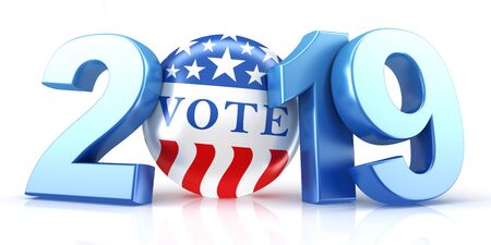 Vote 2019. Red, white, and blue voting pin in 2019 with Vote text. 3d render.の写真素材