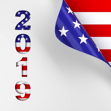 2019 in red, white, and blue American flag colors page turn background. 3d render.の写真素材