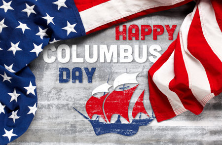 Happy Columbus Day text with old timey sailing ship and US American flag