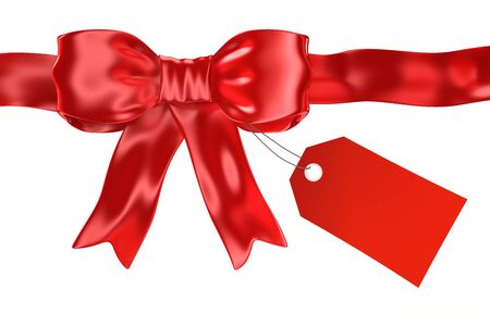 Shiny satin red ribbon with gift tag isolated on white - 3d renderの写真素材