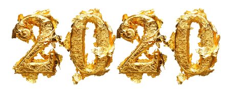 2020 New Years numbers in messy and wrinkled gold leaf isolated on whiteの写真素材