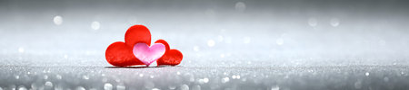 Three little red and pink hearts on  sparkling silver