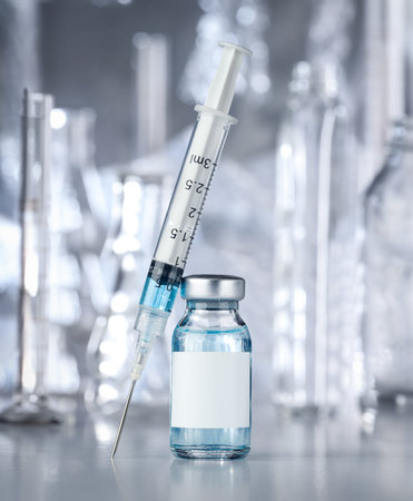 Healthcare and pharmaceutical drugs concept with syringe and vaccine vial with blue liquid. Drug...