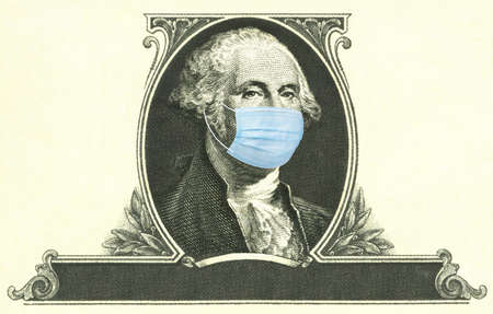 George Washington on a dollar bill wearing a medical face mask due to the coronavirusの写真素材