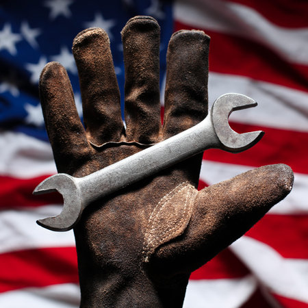 Hand in worn and dirty glove holding wrench over American Flag