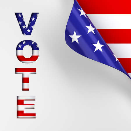 Vote in red, white, and blue American flag colors page turn background. 3d render.の写真素材