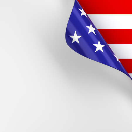 Blank white page with turn in red, white, and blue American flag colors. 3d render.の写真素材