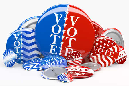 Pile of American red, white, and blue Vote pins. Collection of voting buttons for US presidential election or local elections. 3d render.の写真素材