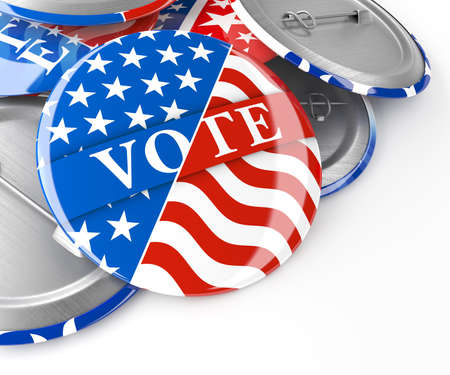 Pile of American red, white, and blue Vote pins. Collection of voting buttons for US presidential election or local elections. 3d render.の写真素材