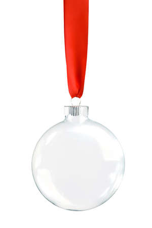 Clear Christmas ornament hanging from shiny red ribbon. Empty space in bauble for text or product. Isolated on white.の写真素材