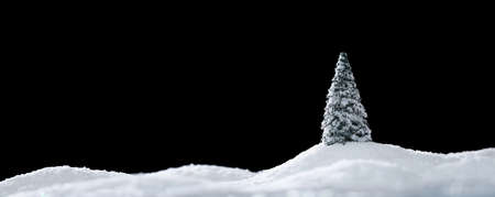 Wintery landscape with single tree on glistening white snow drifts isolated on blackの写真素材