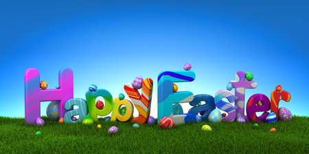 Happy Easter text with colorful eggs on green grass with blue sky - 3d renderの写真素材