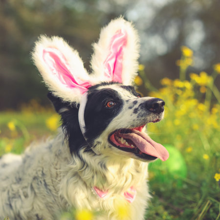 Panting border collie dog wearing pink Easter bunny rabbit ears having fun outside laying in...