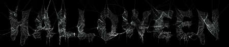 Collage of real spider webs to make highly detailed Halloween text on blackの写真素材