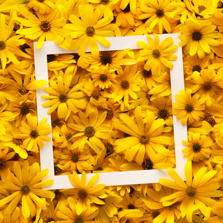 White frame covered in bright and warm yellow summer flowers.
