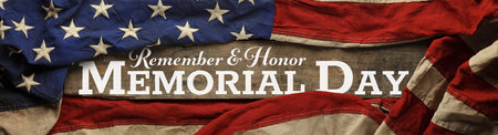 US American flag covering distressed and worn wood. Wallpaper for USA Memorial Day with Remember and Honor Memorial Day.の写真素材