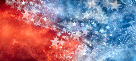 Red, white, and blue abstract background with sparkling stars. USA background wallpaper for 4th of July, Memorial Day, Veteran's Day, or other patriotic celebration.の写真素材