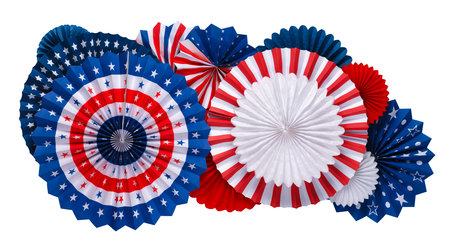 Decorations of vibrant red white and blue paper fans isolated on white. For 4th of July, Memorial day, Veteran's day, or other patriotic holiday celebrations.の写真素材