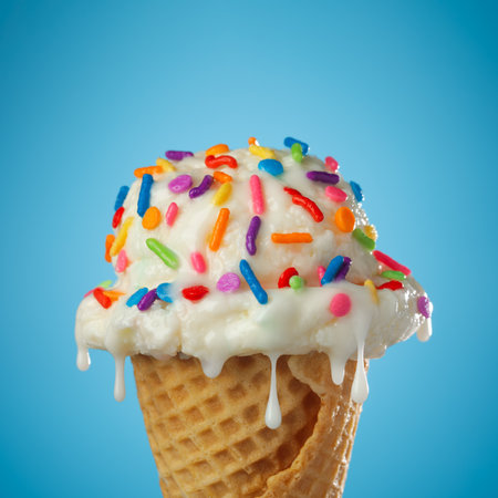 Close up of dripping and melting ice cream cone with vanilla icecream and a waffle cone covered in colorful sprinkles on blue background.の写真素材