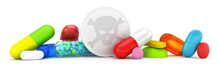 Collection of colorful pills with skull and crossbones - 3d renderの写真素材