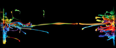 Abstract paint and ink in a rainbow of colors splashing into the air, frozen motion in a creative and unique shape.の写真素材