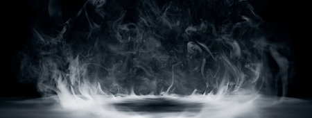 Real smoke exploding outwards with empty center. Dramatic smoke or fog effect for spooky Halloween background.の写真素材