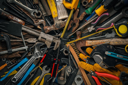 Collection of old and worn work tools. Home improvement, Father's day, or Labor day concept.の写真素材