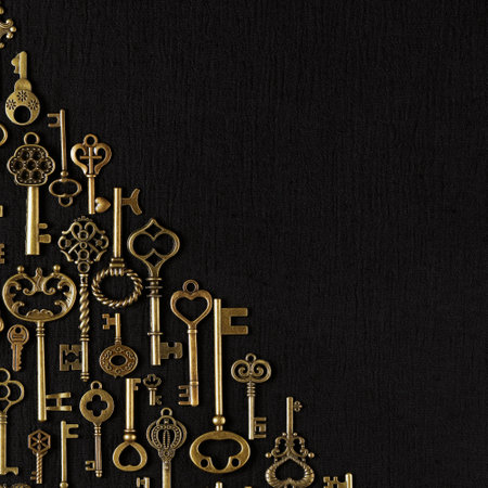 Vintage victorian style golden skeleton keys. Concepts of keys to success, unlocking potential, or achieving goals. With blank copy space.の写真素材