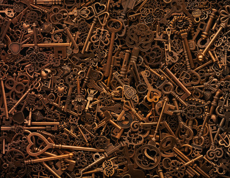 Pile of vintage bronze skeleton keys.の写真素材