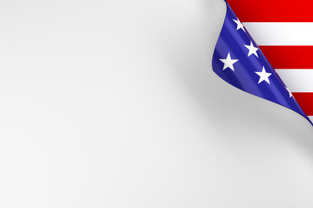 Blank white page with turn in red, white, and blue American flag colors. 3d render.の写真素材