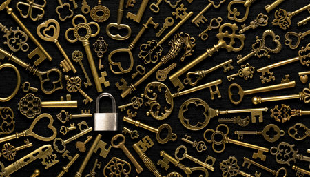 Vintage victorian style keys surrounding a single gold lock, symbolizing security, privacy, or protection.の写真素材