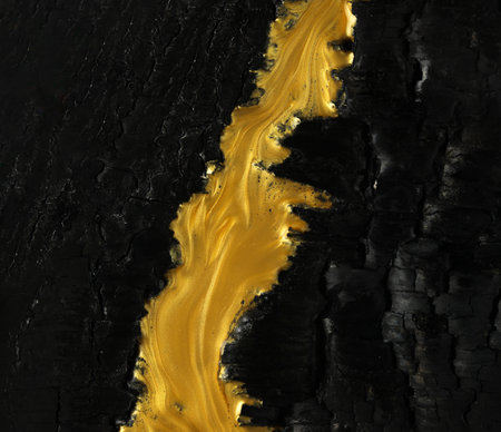Vivid contrast of black and gold in abstract background of metallic gold paint swirling over charred black ashes.の写真素材