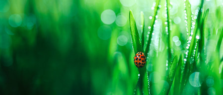 Fresh spring grass covered with morning dew drops and a single red ladybug or ladybird. Vibrant...