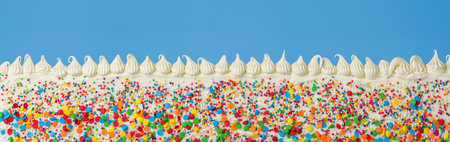 Birthday cake decorated with colorful rainbow sprinkles and white icing.の写真素材