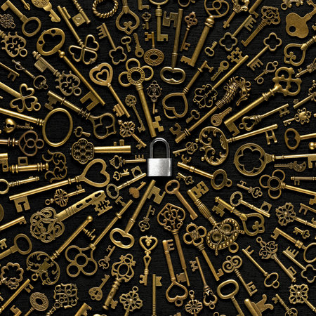 Vintage victorian style golden skeleton keys with centered around a silver lock. Concepts of unlocking potential, keys to success, or security solutions.の写真素材
