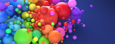 Vibrant rainbow of multicolored spheres crashing together in bright vivid colors. 3d render.の写真素材
