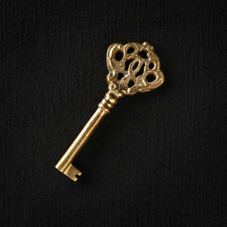 Single ornate skeleton key in shiny gold. Concept for unlocking opportunities, finding solutions, or achieving goals.の写真素材