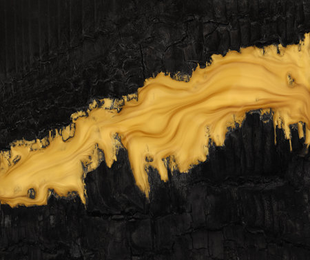 Vivid contrast of black and gold in abstract background of metallic gold paint swirling over charred black ashes.の写真素材