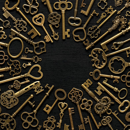 Vintage victorian style golden skeleton keys. Concepts of keys to success, unlocking potential, or achieving goals. With blank copy space.の写真素材