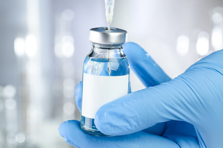 Healthcare concept with a hand in blue medical gloves holding a vaccine vial with blue liquid and black white labelの写真素材